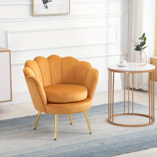 Shell Shape Fauteuil – Loungestoel – Accentstoel – Make-up Kruk – Zitstoel – Gele Velours Bekleding – Metalen Poten – Compact Design