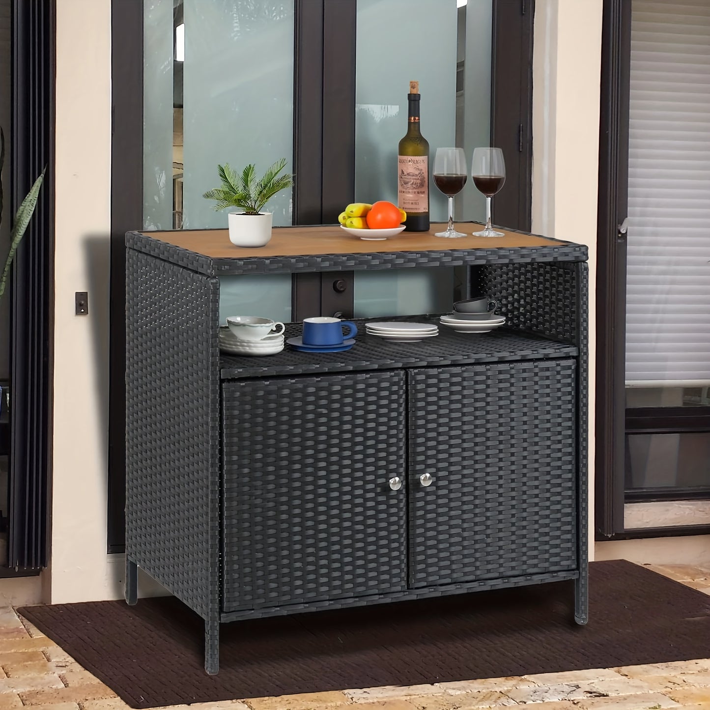Bartafel Buiten – Barmeubel – Terrastafel – Buitentafel – Opbergkast – Weerbestendig Harsrotan – Afsluitbare Deuren – Stevig IJzeren Frame – Zwart Bruin