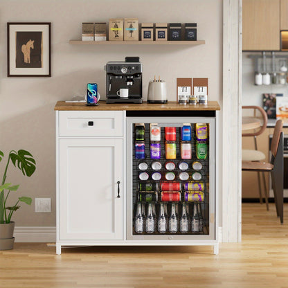 Modern White Kitchen Cabinet with Mini Fridge Compatibility - Large Capacity Storage Base Unit, Adjustable Shelves & Drawers, Coffee Corner Design, -Standing Multi-Functional Furniture for Small Spaces (Fits Most Mini Fridges