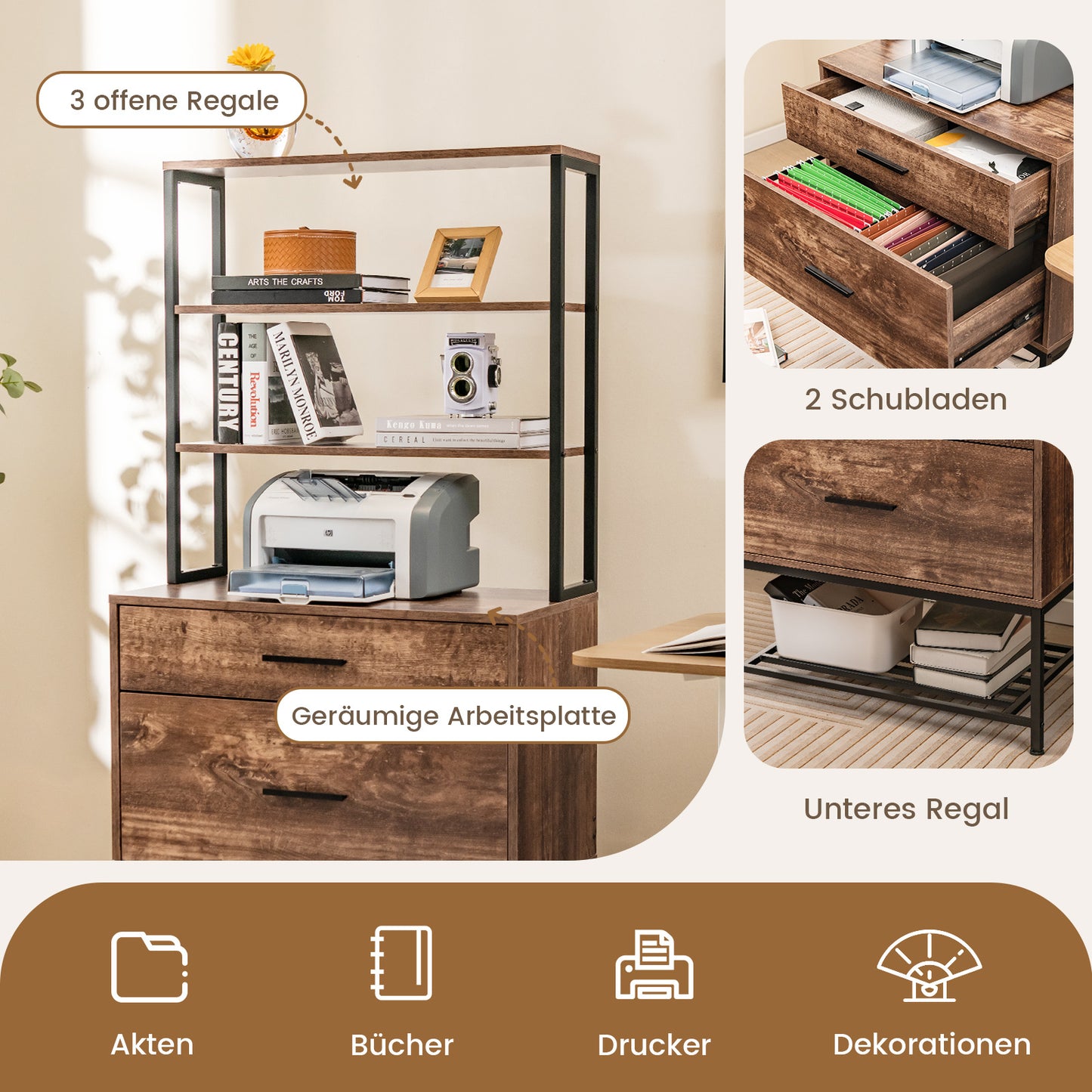 Archiefkast – Filekast – Kantoorrek – Documentenkast – Ladenkast – Vintage Bruin – 3 Open Planken – 2 Grote Laden Voor Hangmappen