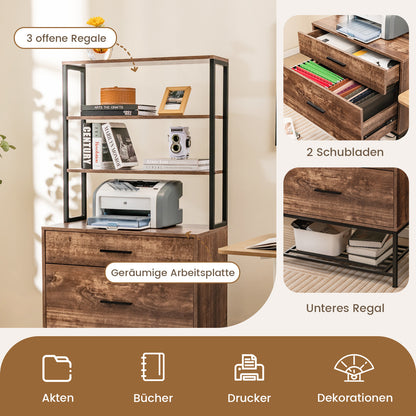 Archiefkast – Filekast – Kantoorrek – Documentenkast – Ladenkast – Vintage Bruin – 3 Open Planken – 2 Grote Laden Voor Hangmappen