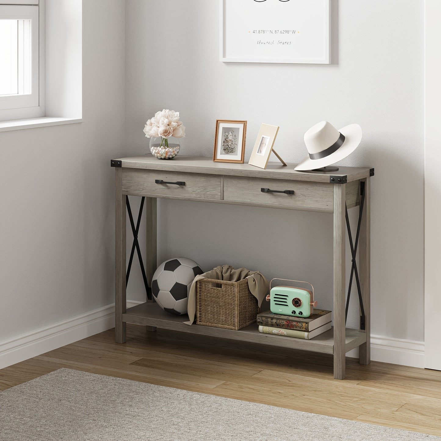 Farmhouse Sidetable – Wandtafel – Halmeubel – Sofa Tafel – Console Tafel – 2 Lades – Stevig MDF & Metalen Frame – Compact & Ruimtebesparend – Grijs