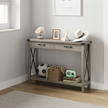 Farmhouse Sidetable – Wandtafel – Halmeubel – Sofa Tafel – Console Tafel – 2 Lades – Stevig MDF & Metalen Frame – Compact & Ruimtebesparend – Grijs