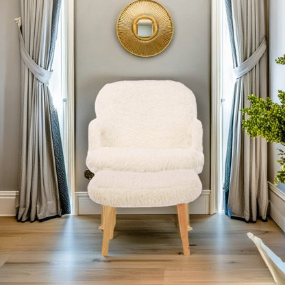 Schommelstoel – Relaxstoel – Fauteuil – Wipstoel – Lounge Stoel – Met Voetensteun – Wit Pluche – Massief Houten Frame