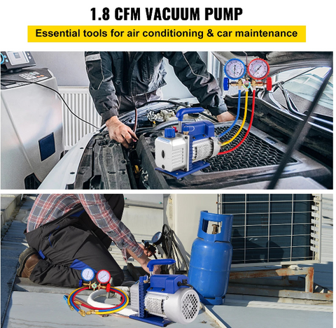 Vacuumpomp - 1.8CFM - 2 fasen - 1HP Koelmiddel Vacuümpomp - Koelgereedschap - HVAC-koeling - met spruitstukmeter - Blauw - QUORE