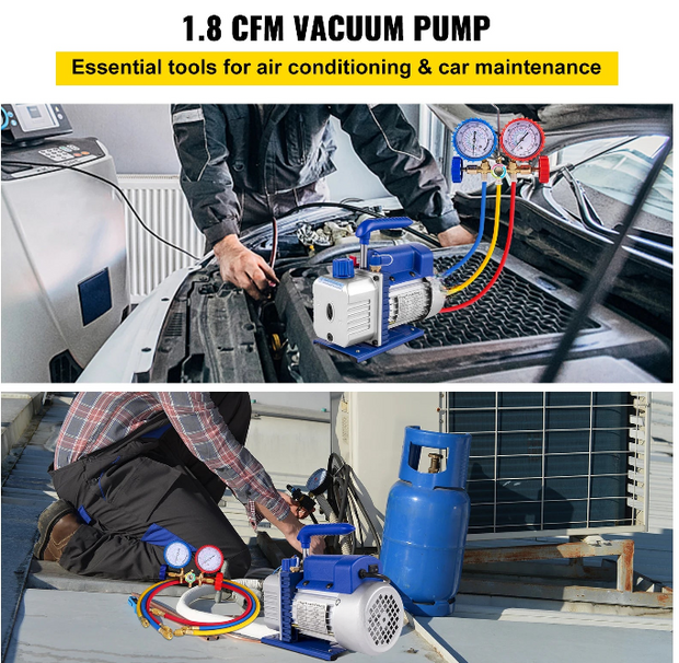 Vacuumpomp - 1.8CFM - 2 fasen - 1HP Koelmiddel Vacuümpomp - Koelgereedschap - HVAC-koeling - met spruitstukmeter - Blauw - QUORE