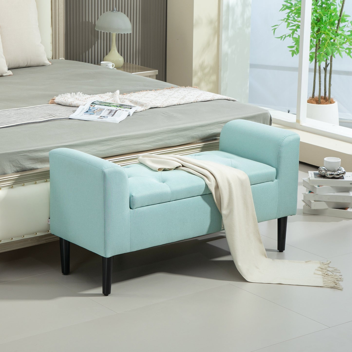 Opbergbank – Opbergbankje – Zitbank Met Opbergruimte – Halbank – Opbergkist – Rubbenhout Frame – Linnen Look Bekleding – 116x44x58 cm – Draagvermogen 130 kg
