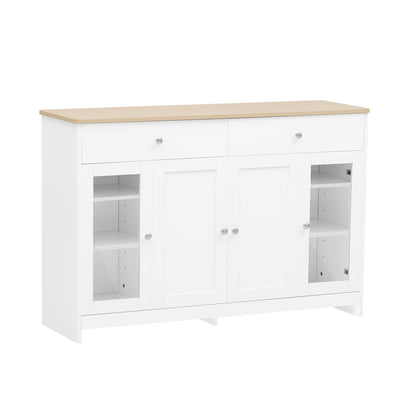 Dressoir – Sideboard – Opbergkast – Kast – Commode – Wit Houtnerf – Glasdeuren & Lades – MDF & Hardhout – Vrijstaand