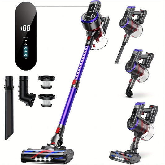 Draadloze Steelstofzuiger – Stofzuiger Zonder Snoer – Handstofzuiger – Snoerloze Zuiger – Accu Stofzuiger – 450W Krachtige Zuigkracht – 55 Min Looptijd – Paars
