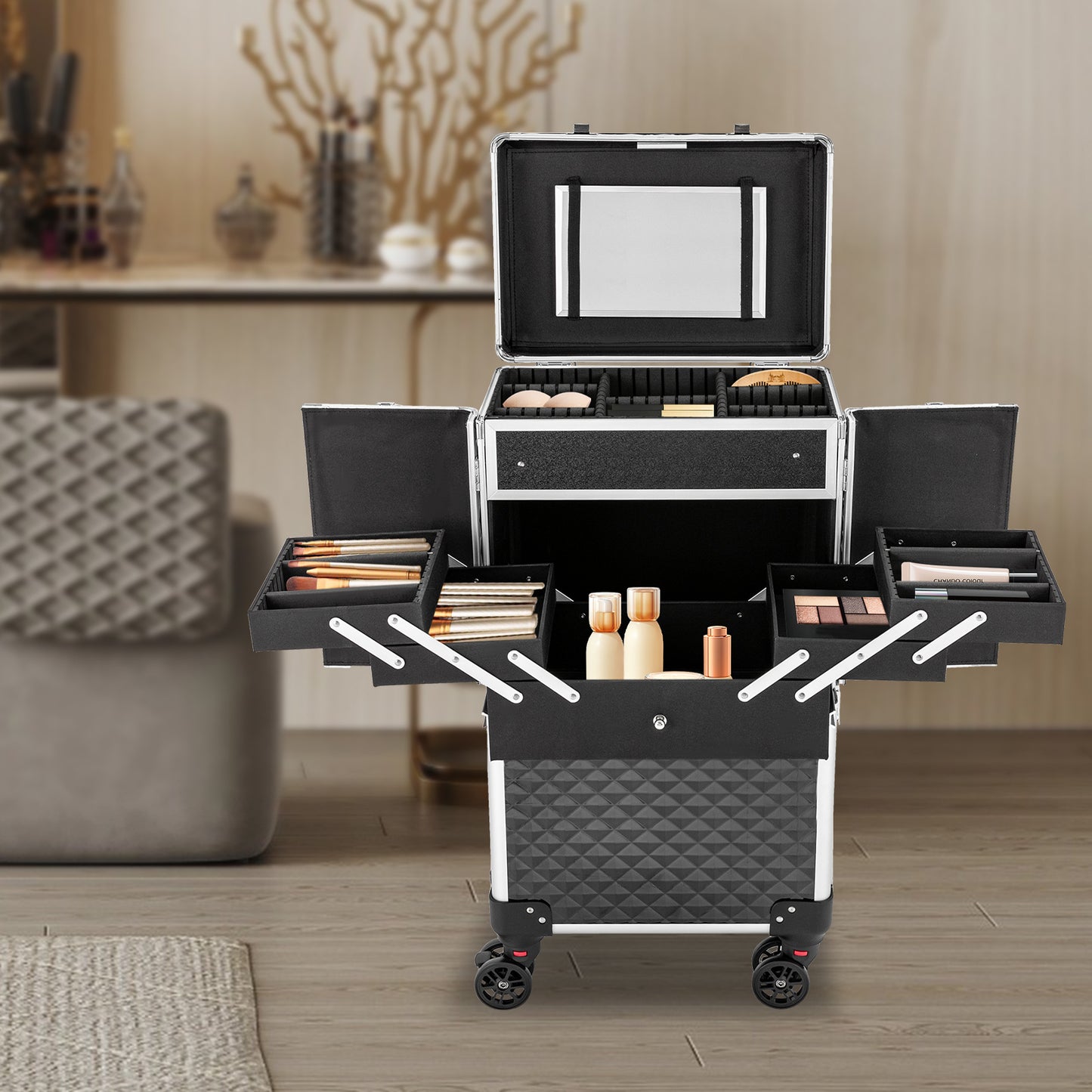 Make-upkoffer – Make-up Trolley – Make-up Organizer – Cosmetica Koffer – Make-up Case – Ruime Indeling Met Uitneembare Trays – Stevig ABS Materiaal Met Verstelbare Trolleystang