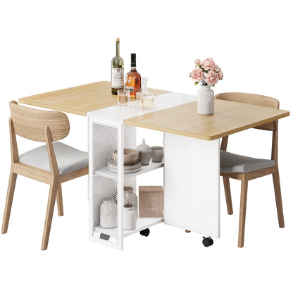 Folding Dining Table with 2 Tier Storage | Extendable, Drop Leaf, Rectangle Set for 4, Space Saving, Collapsible Expandable, Brown Metal Dinner Kitchen Office Furniture by GAOMON
