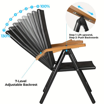 Campingstoel – Klapstoel – Vouwstoel – Tuinstoel – Kampeerstoel – Aluminium Frame – Verstelbare Rugleuning 7 Standen – Set van 2 – WPC Armleuningen – Ademend Zitvlak – Diepgrijs