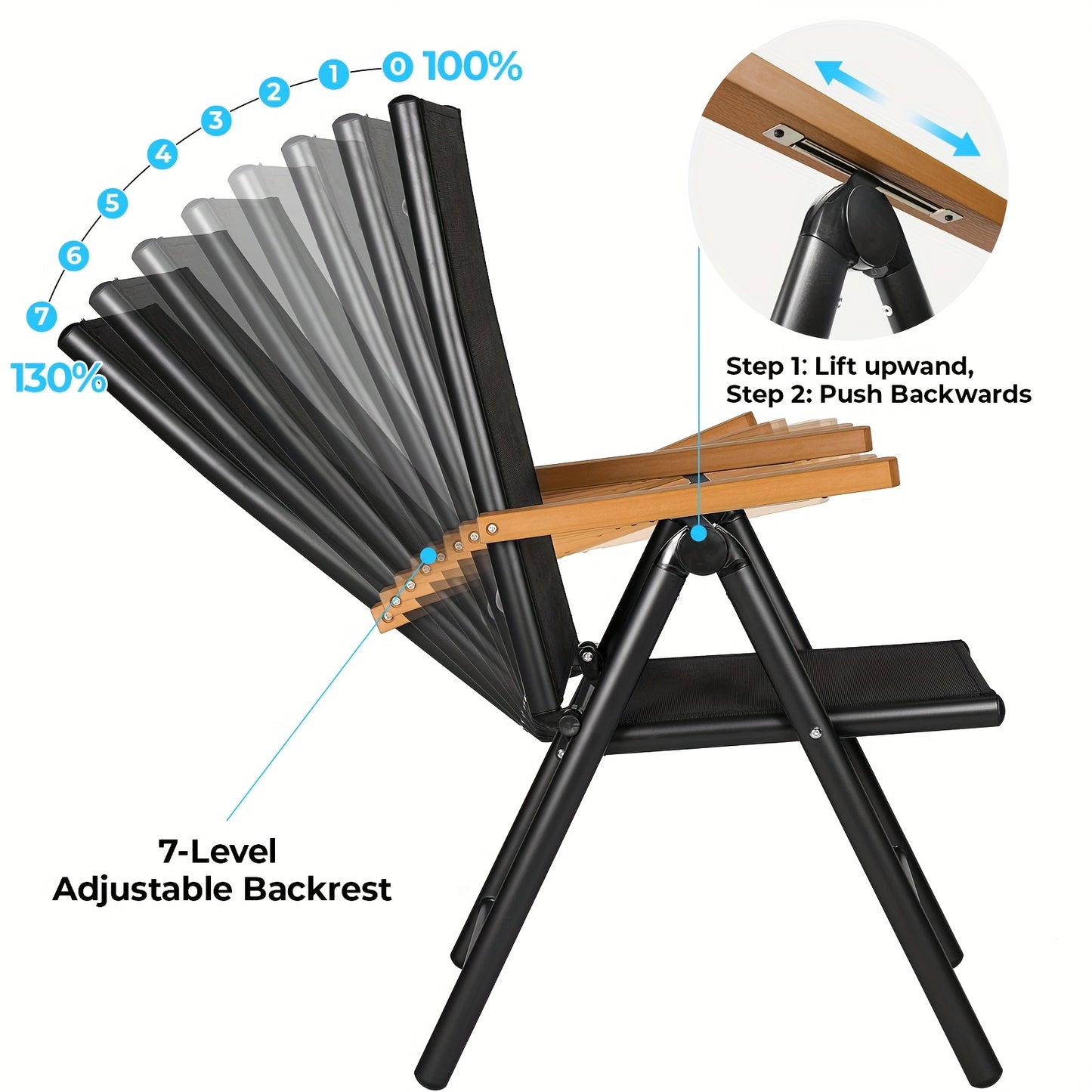 Opvouwbare Tuinstoelen – Campingstoelen – Balkonstoelen – Klapstoelen – Outdoor Stoelen – Aluminium Frame – 7-standen Verstelbare Rugleuning – Lichtgewicht & Ademend PVC Zitting – Teak Kleur