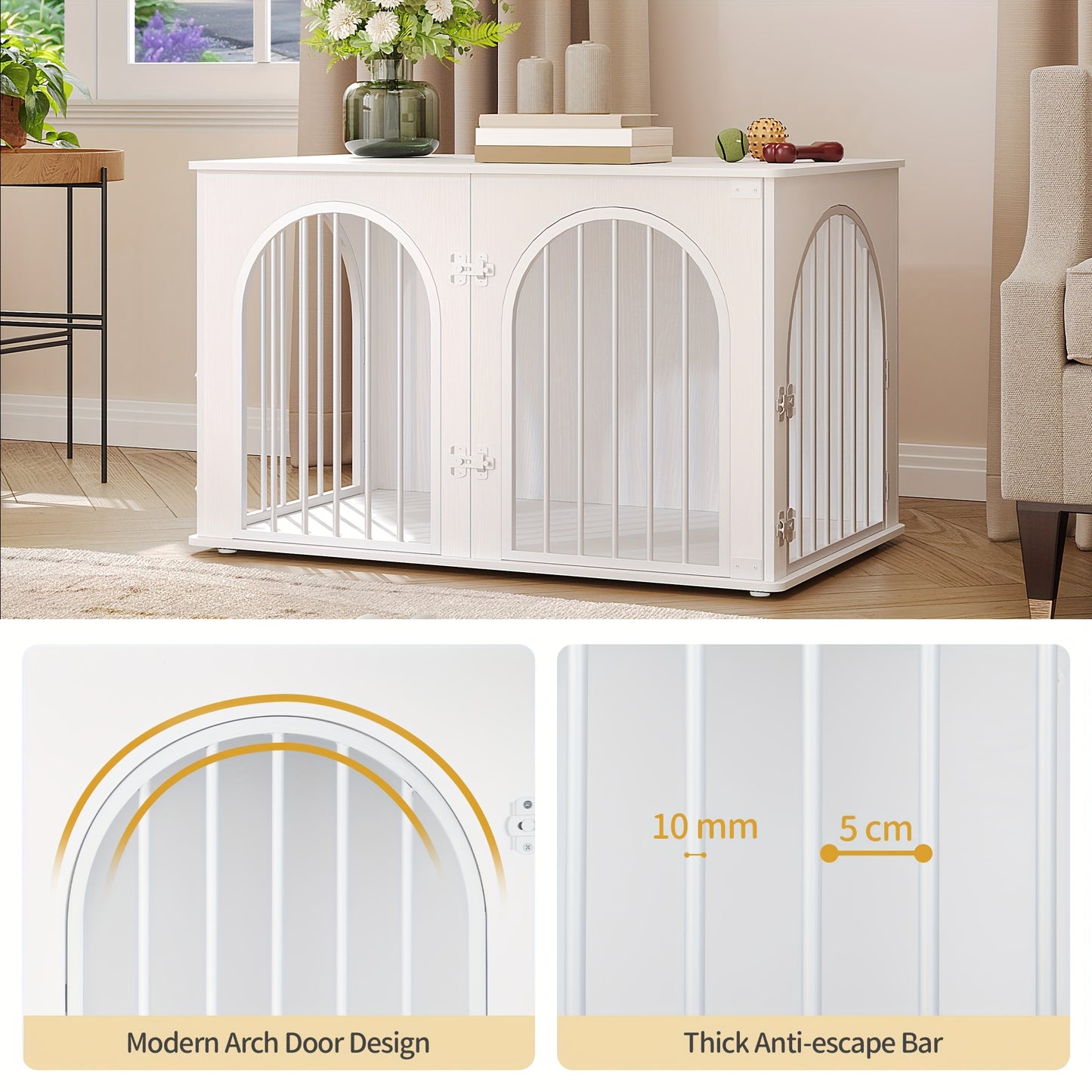 Hondenbench – Hondenkooi – Huisdiervangkooi – Hondenkennel – Hondenschuur – Middelgrote Honden – Wit – 3-Deurs Boogvormige Deur – Stevig Metalen Frame – Multifunctioneel Meubelstuk – 60x100x63 cm