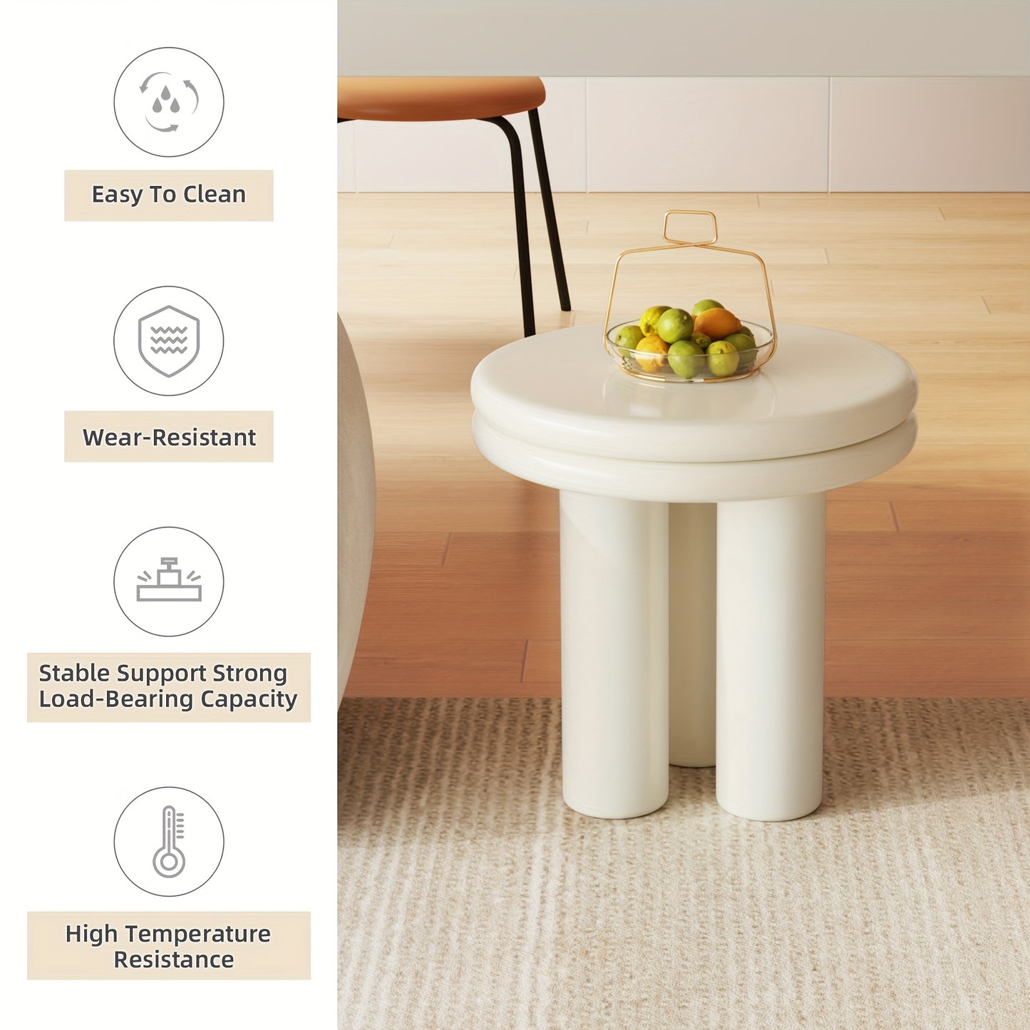 Bijzettafel – Sofa Tafel – Sidetable – Nachtkastje – Salontafel – Massief Hout – Compact Rond Design – Roomwit Afwerking – Minimalistisch – Stevig