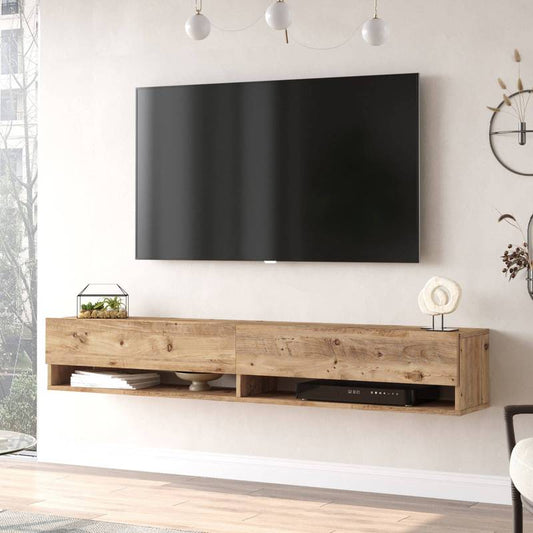 tv-meubel – tv-kast – lowboard – zwevend meubel – hangend tv-meubel – rustiek eiken – met 2 open vakken – MDF melamine coating