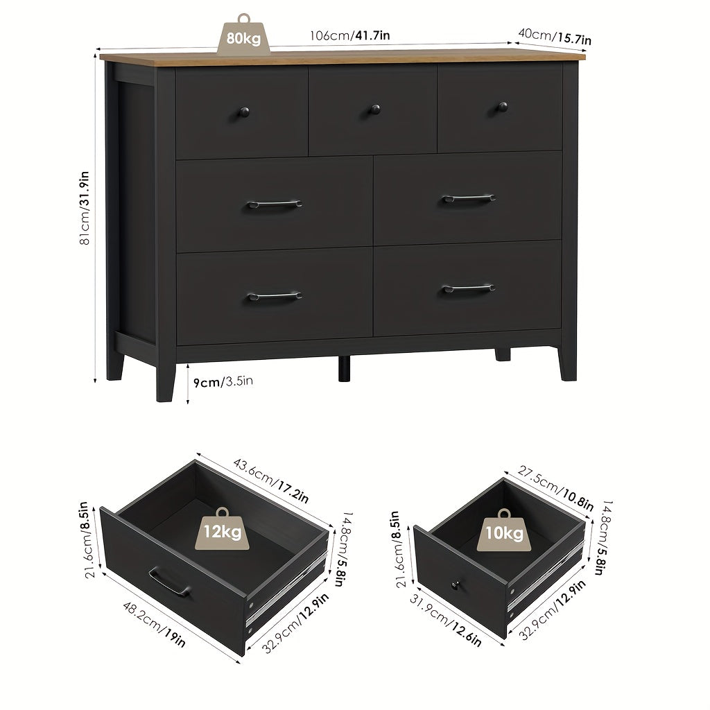 Ladekast – Ladekasten – Dressoir – Opbergkast – Kast – Zwart Met Gouden Accenten – 7 Laden Met Ruime Opbergruimte – Duurzaam Houtvezelplaat Met Melamine Afwerking