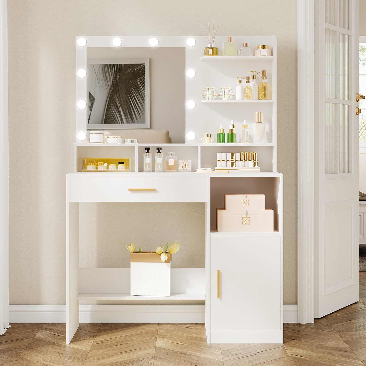 Kaptafel – Make-up Tafel – Dressing Table – Opbergmeubel – Spiegeltafel – 10 LED Lampen – 3 Verstelbare Lichtstanden – Ruime Laden en Planken – Wit – 95x40x140 cm