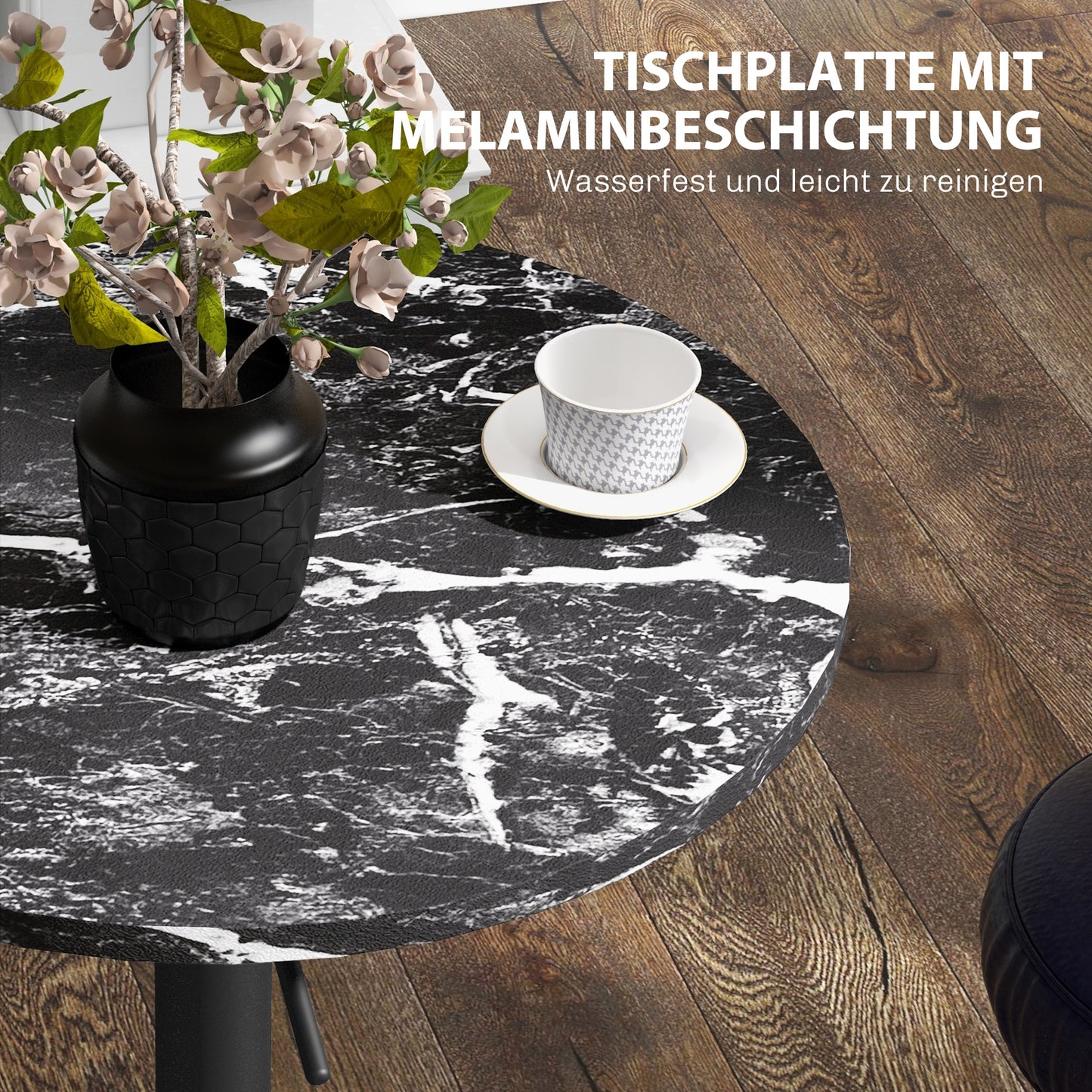 Bartafel – Barkruktafel – Barmeubel – Statafel – Tafel voor Twee Personen – Verstelbare Hoogte 68-93,5 cm – Zwart Marmerlook 60x60 cm