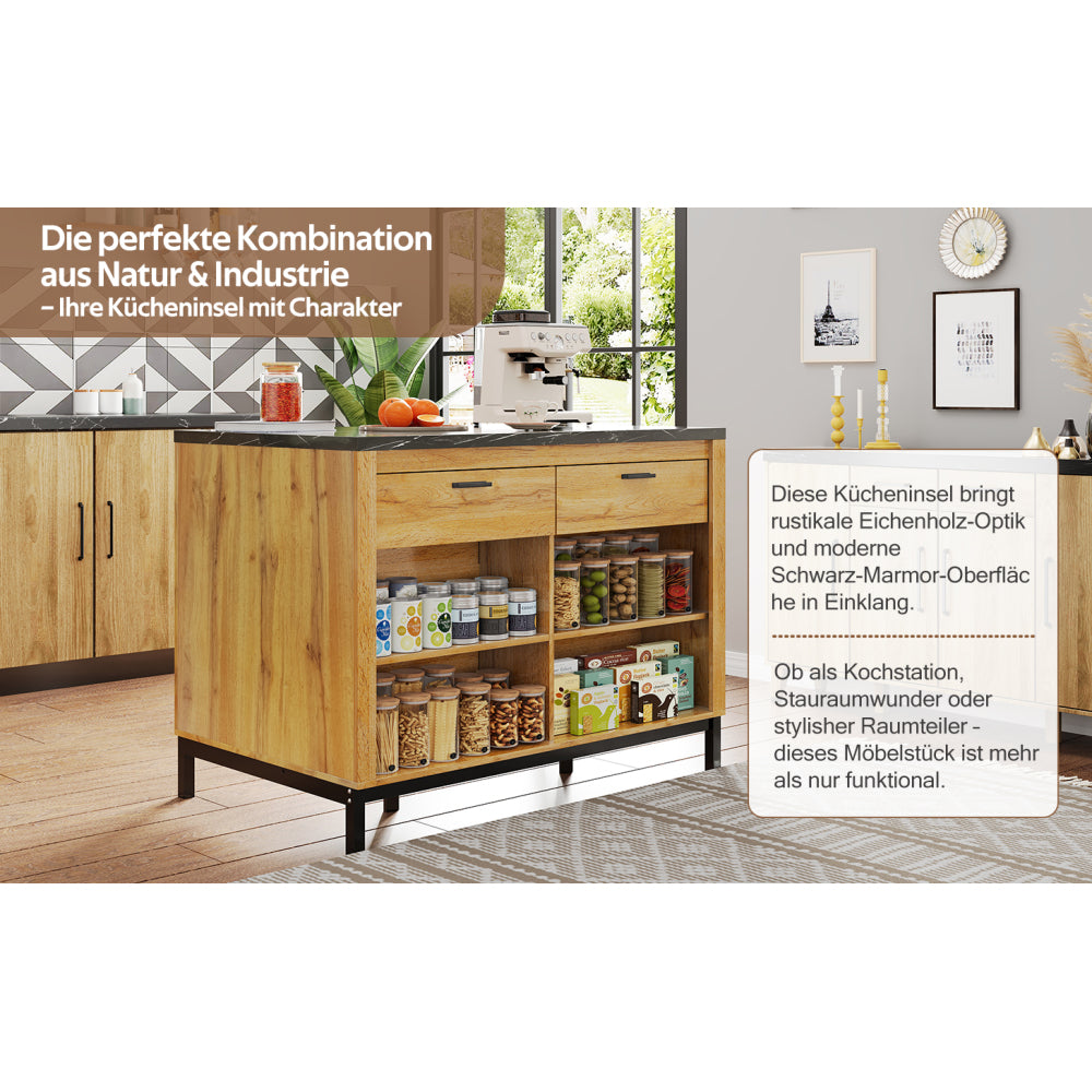 120×75×90cm, Country-Style Kitchen Island with 2 Drawers and 4 Open Shelves, Oak Grain Finish, Black Marble Countertop, Metal Frame, Kitchen Island With Seating, Kitchen Shelf Organizers And Storage, Island Table For Kitche