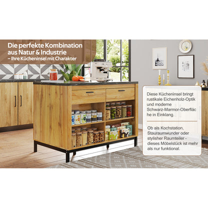 120×75×90cm, Country-Style Kitchen Island with 2 Drawers and 4 Open Shelves, Oak Grain Finish, Black Marble Countertop, Metal Frame, Kitchen Island With Seating, Kitchen Shelf Organizers And Storage, Island Table For Kitche