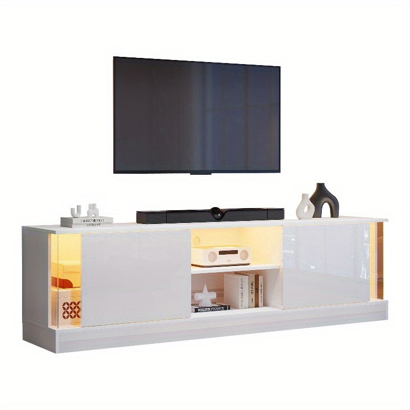Moderne Witte High-Gloss Tv-Meubel – Rustieke Tv-Stand – Tv-Meubel Met Opbergruimte – Tv-Kast Voor Woonkamer – Tv-Tafel Voor Slaapkamer – Duurzaam Metalen Frame – Kabelmanagement Systeem