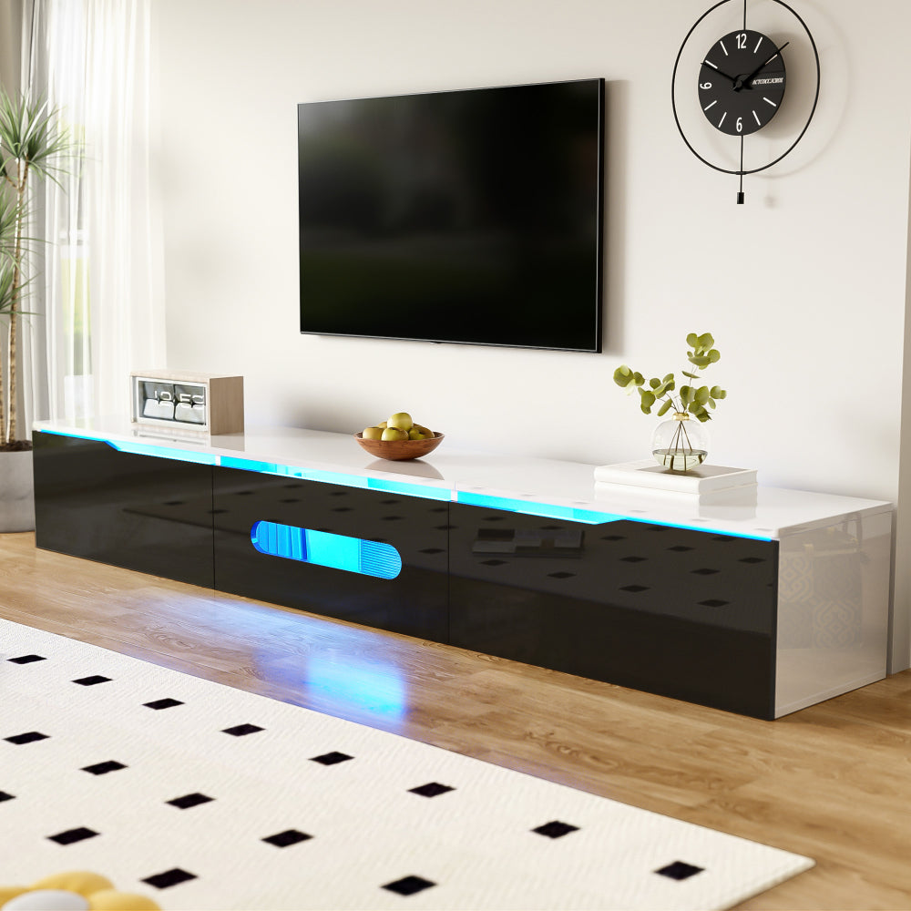 Modern Black & White Metal TV Stand with High-Gloss Finish - 180cm Wall-Mounted Media Console, Space-Saving Design, Ample Storage Shelves & Concealed Compartments for Living Room, Minimalist Entertainment Center, No Electrica