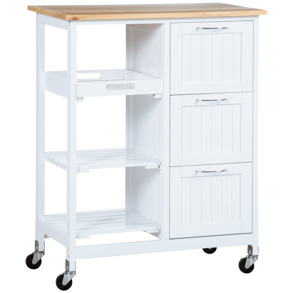 White Heavy-Duty Mobile Kitchen Cart with 3 Drawers & 3 Shelves, Rolling Storage Trolley with Worktop, Compact Space-Saving Design on 4-Wheels, Easy Assembly, Non-Wood (Metal/Like) for Small Kitchens, Pantry, Apartments (67