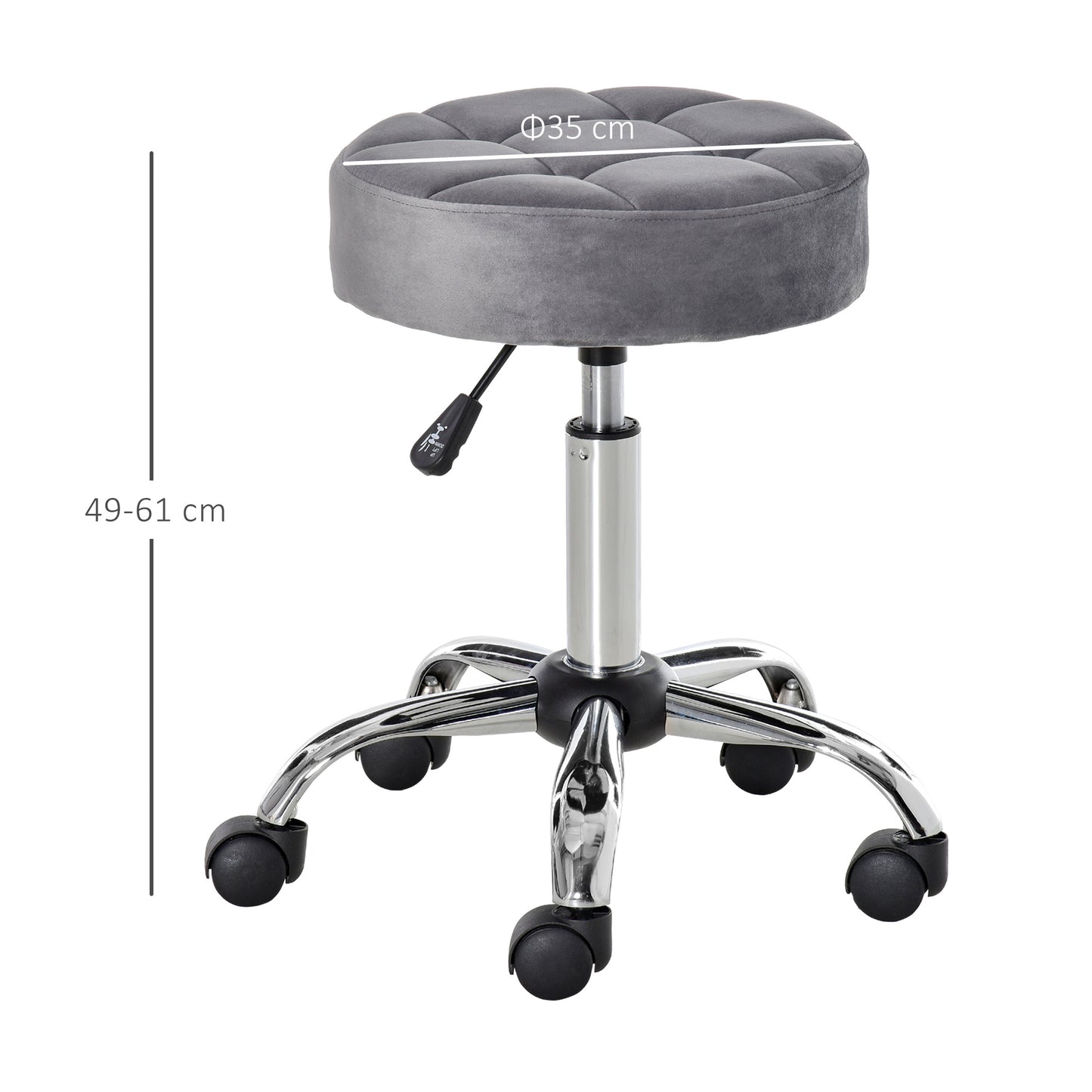 Krukje – Salonstoel – Draaikruk – Zwenkkruk – Werkkruk – Verstelbare Zithoogte – Velvet Touch Schuim – Chroom Onderstel – Lichtgrijs – 35 x 35 cm