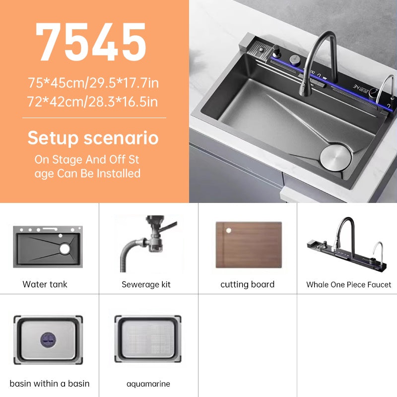Keukenspoelbak RVS Spoelbak Enkelvoudige Kraan Spoelbak Inbouw Spoelbak – Zwarte RVS Finish – 74,93 x 44,96 cm – 3-Snelheden Uittrekbare Kraan – Inclusief Snijplank en Kopjeswasser