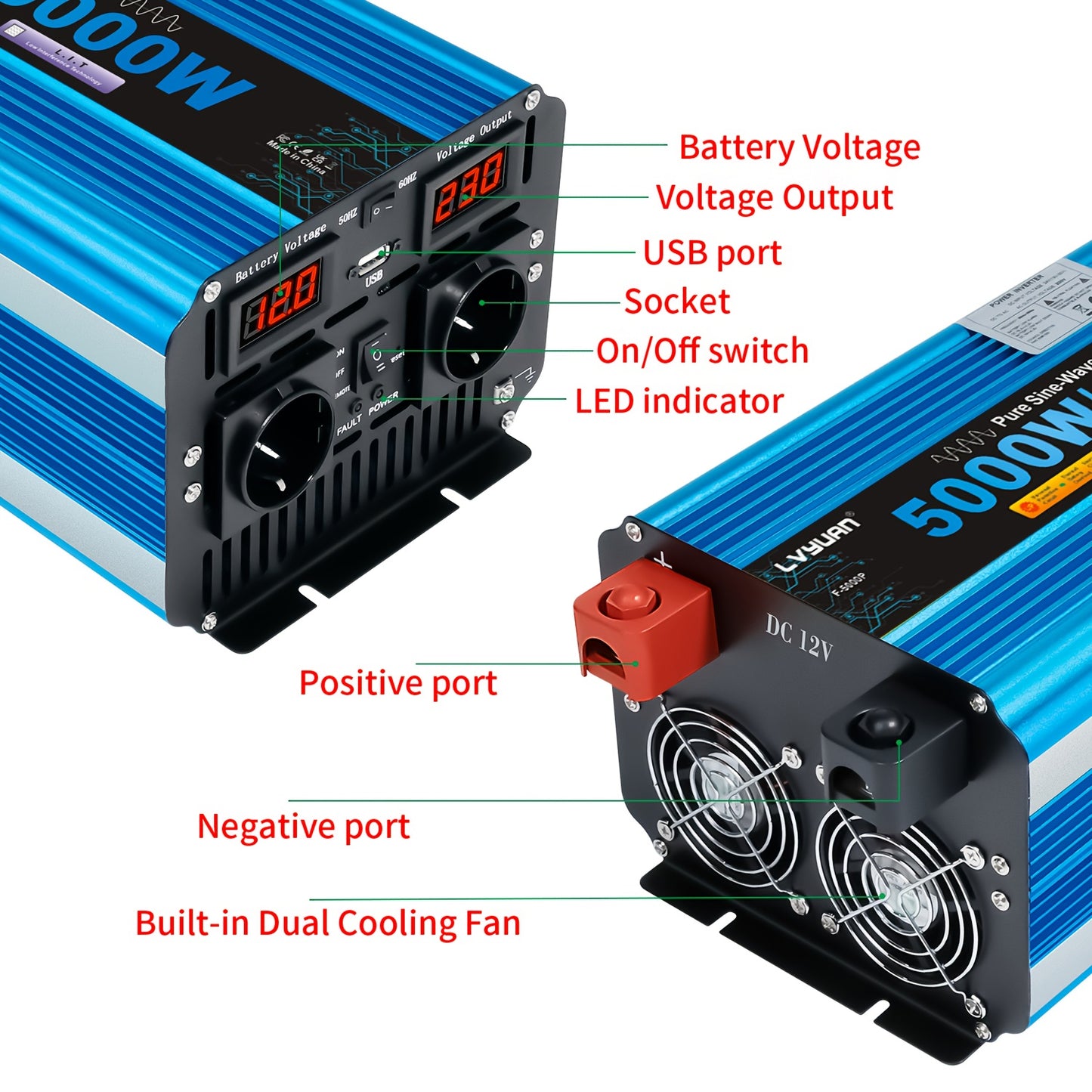 Power Inverter – Omvormer – Spanningsomzetter – DC naar AC Converter – Wisselstroom Adapter – 24V Variant – 5000W Continu Vermogen – Pure Sinusgolf Met LED Display & USB-poort