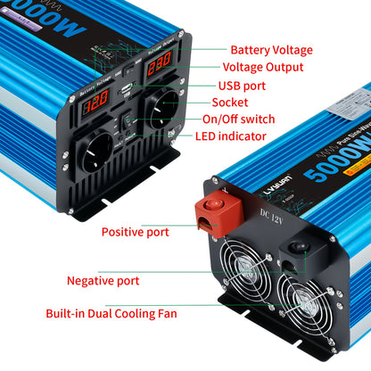 Power Inverter – Omvormer – Spanningsomzetter – DC naar AC Converter – Wisselstroom Adapter – 24V Variant – 5000W Continu Vermogen – Pure Sinusgolf Met LED Display & USB-poort