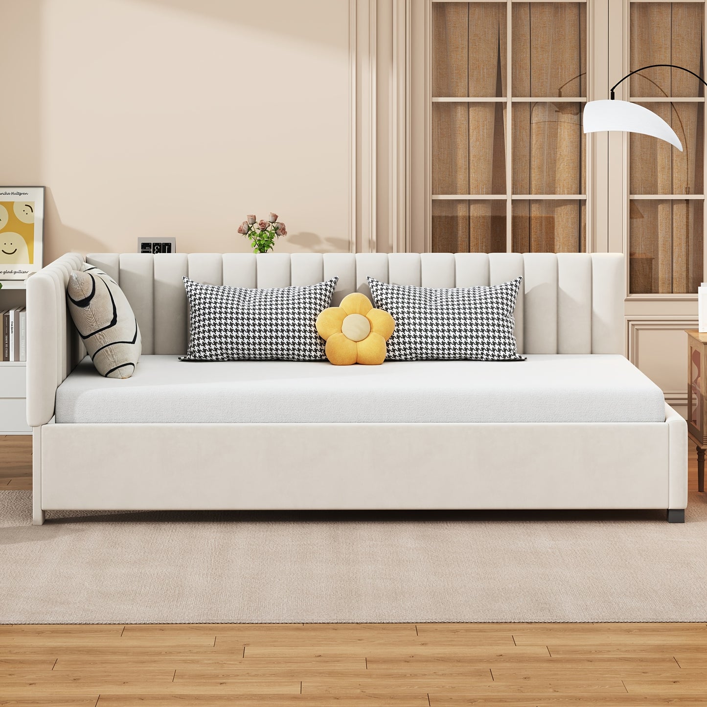 Bedbank – Slaapbank – Logeerbed – Sofa – Bedbank Beige – Huidvriendelijke Velvet Bekleding – Lattenbodem 90x200 cm