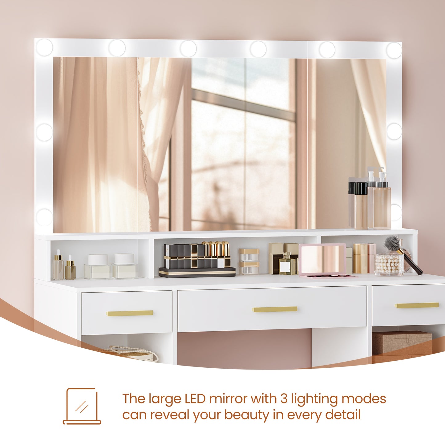Grote Make-up Tafel – Kaptafel – Vanity Desk – Dressing Table – Opbergmeubel – Wit Met Gouden Handvaten – 3 Laden & 2 Kasten Met 5 Open Vakken – Hout & Spaanplaat – 140x108x40 cm