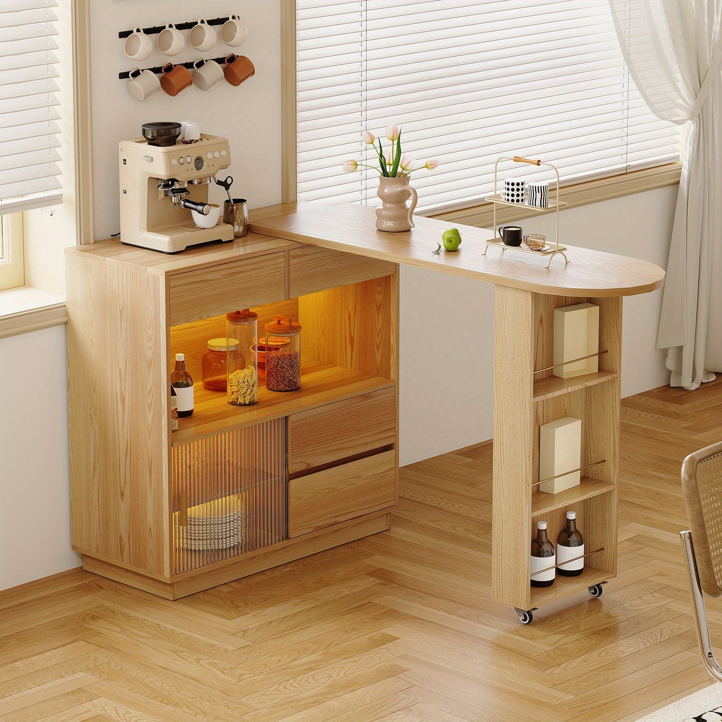 Bureau – Hoekbureau – Computertafel – Werktafel – Bureautafel – L-Vormig – Natuurlijke Houtkleur – Hardhouten MDF Constructie – Draaibaar Werkoppervlak – Opbergrekken