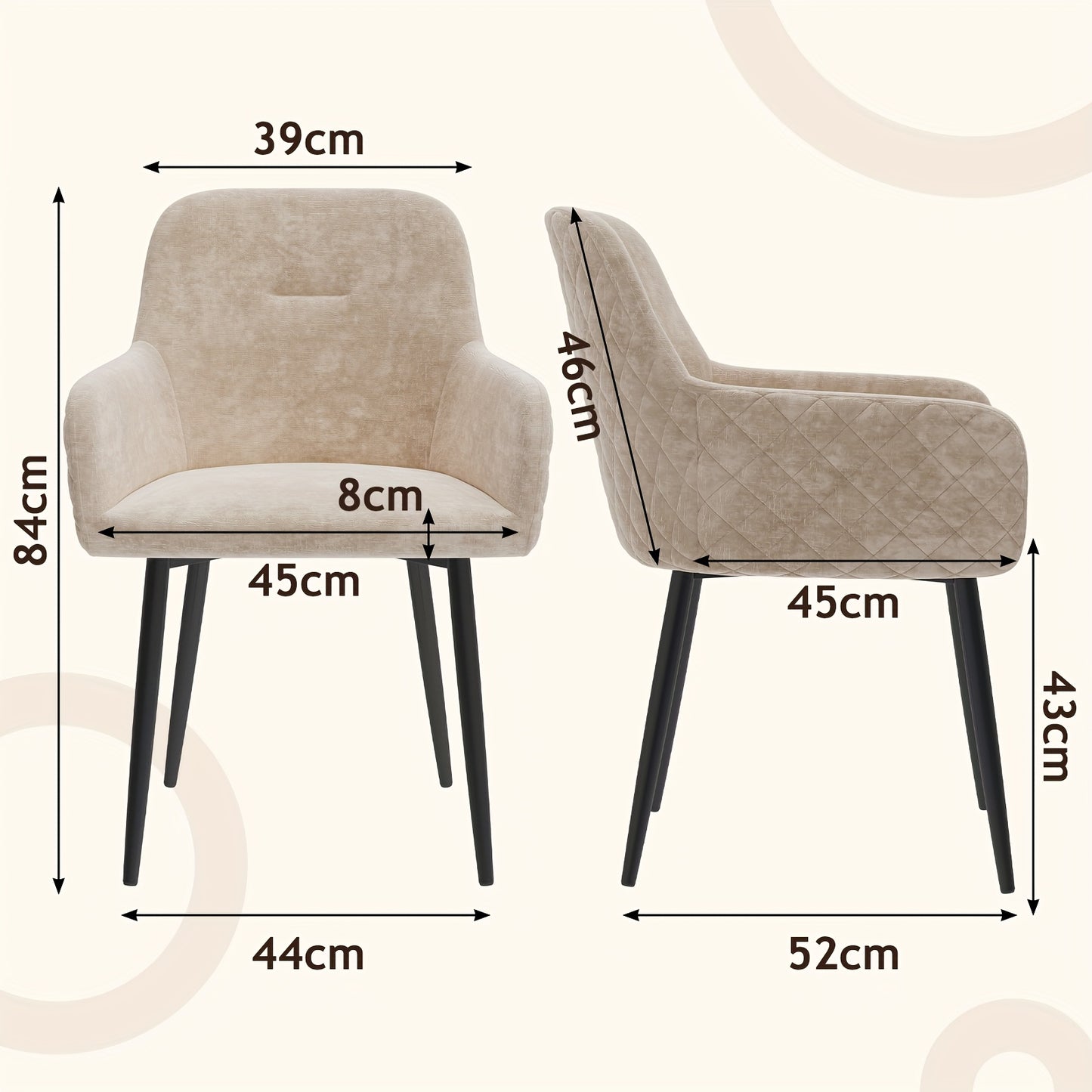 Eetkamerstoel – Stoel – Kuipstoel – Bureaustoel – Armstoel – Velours Bekleding – Metalen Onderstel – Set van 2 – Comfortabele Katoenen Vulling – Champagne Beige