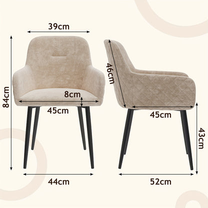 Eetkamerstoel – Stoel – Kuipstoel – Bureaustoel – Armstoel – Velours Bekleding – Metalen Onderstel – Set van 2 – Comfortabele Katoenen Vulling – Champagne Beige