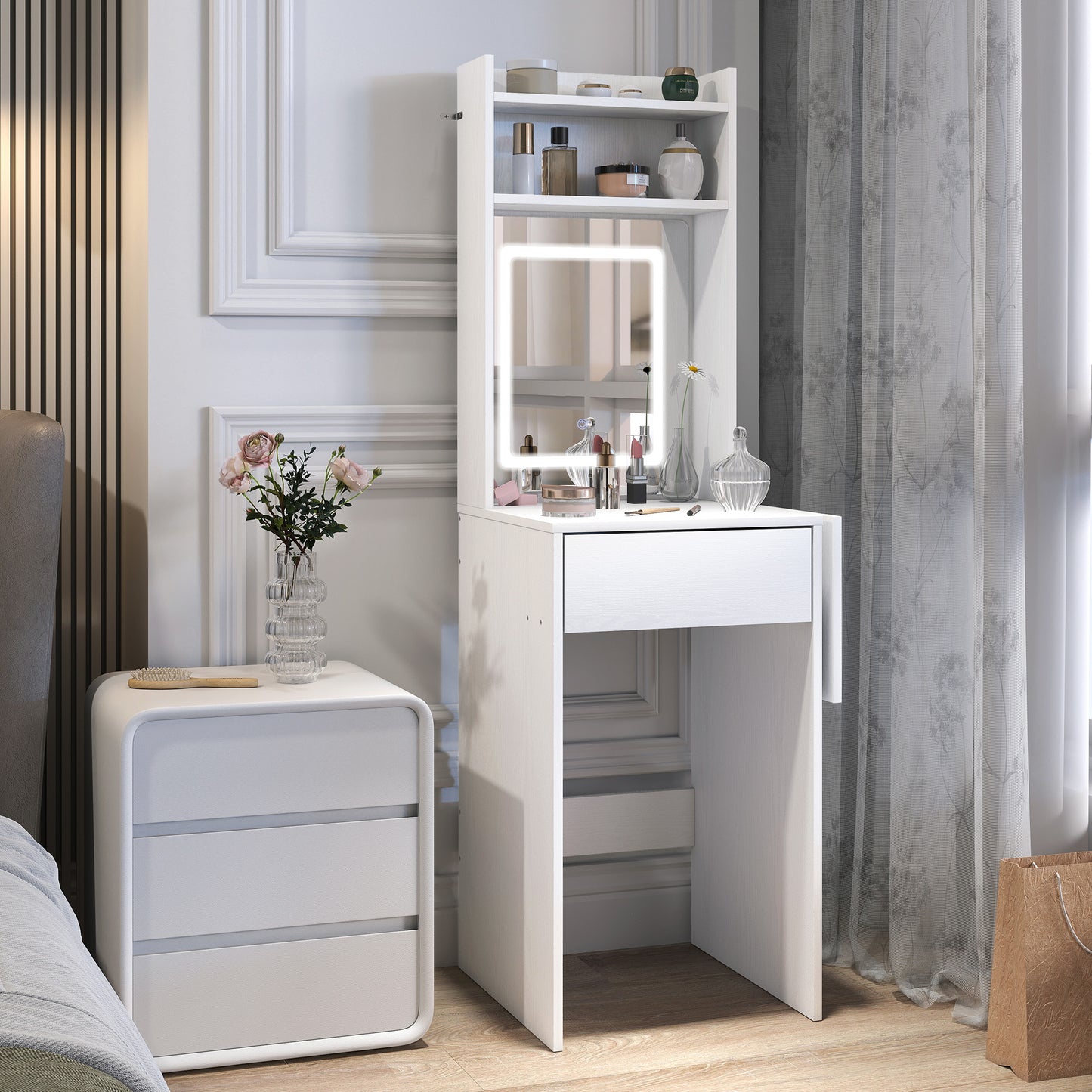Make-up tafel compact – make-up bureau – beauty tafel – toilettafel – kaptafel wit – inklapbaar tafelblad – LED-verlichting op batterijen
