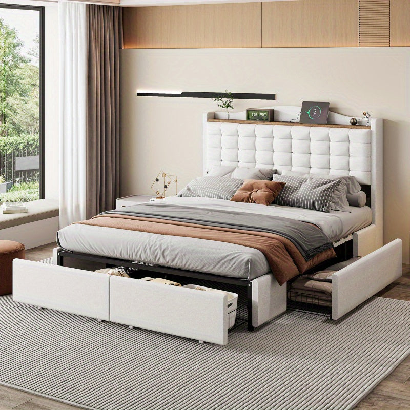 Tweepersoonsbed – Gestoffeerd Bed – Opbergbed – Slaapbed – Bedframe – 140x200 cm – Linnen Bekleding Beige – Inclusief Nachtkastje Met Laadfunctie