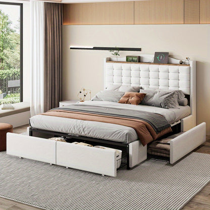 Tweepersoonsbed – Gestoffeerd Bed – Opbergbed – Slaapbed – Bedframe – 140x200 cm – Linnen Bekleding Beige – Inclusief Nachtkastje Met Laadfunctie