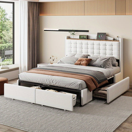 Tweepersoonsbed – Gestoffeerd Bed – Opbergbed – Slaapbed – Bedframe – 140x200 cm – Linnen Bekleding Beige – Inclusief Nachtkastje Met Laadfunctie