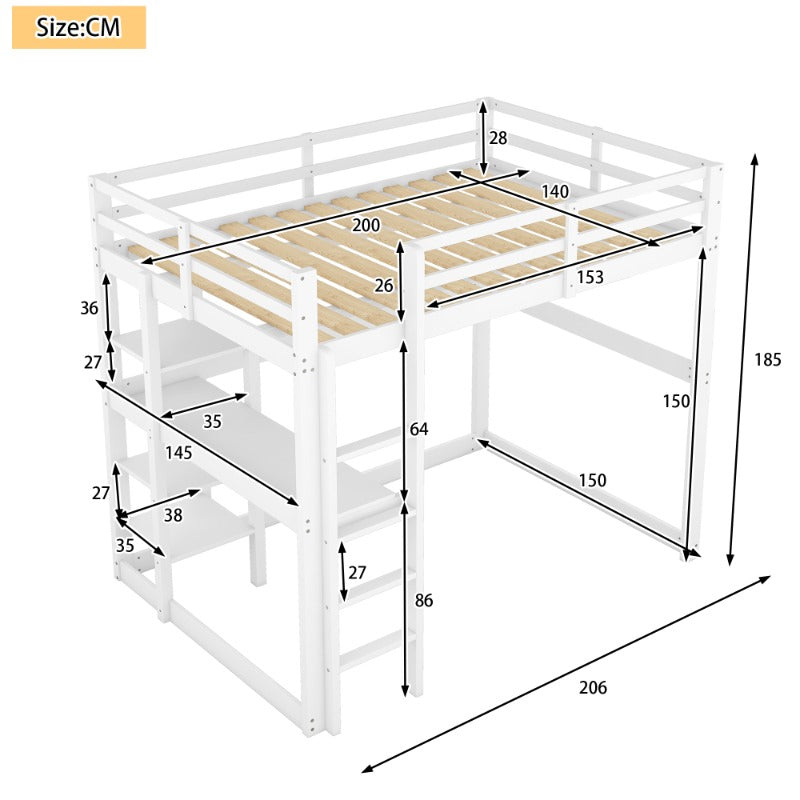Halfhoogslaper – Hoogslaper – Stapelbed – Bedframe Met Bureau – Bed Met Opbergruimte – Gemaakt Van Grenenhout – Inclusief 4 Planken – Afmetingen 140x200 cm