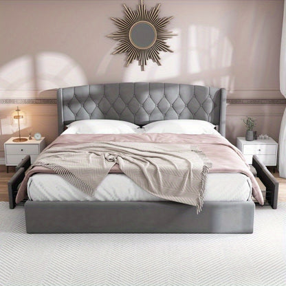 Bedframe – Stoffen Bed – Tweepersoonsbed – Opbergbed – Slaapbank – 180x200 cm – Met 4 Opberglades – Stevige Draadbodem