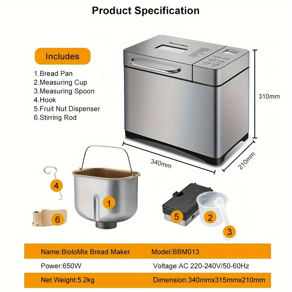 Broodbakmachine – Broodmachine – Broodbakapparaat – Automatische Broodbakker – Broodbakautomaat – 19-in-1 Programma’s – Roestvrij Staal 650W – 3 Broodformaten Met Noten- en Fruitdoseerder