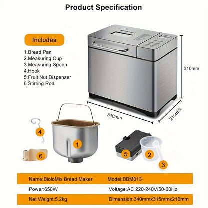 Broodbakmachine – Broodmachine – Broodbakapparaat – Automatische Broodbakker – Broodbakautomaat – 19-in-1 Programma’s – Roestvrij Staal 650W – 3 Broodformaten Met Noten- en Fruitdoseerder