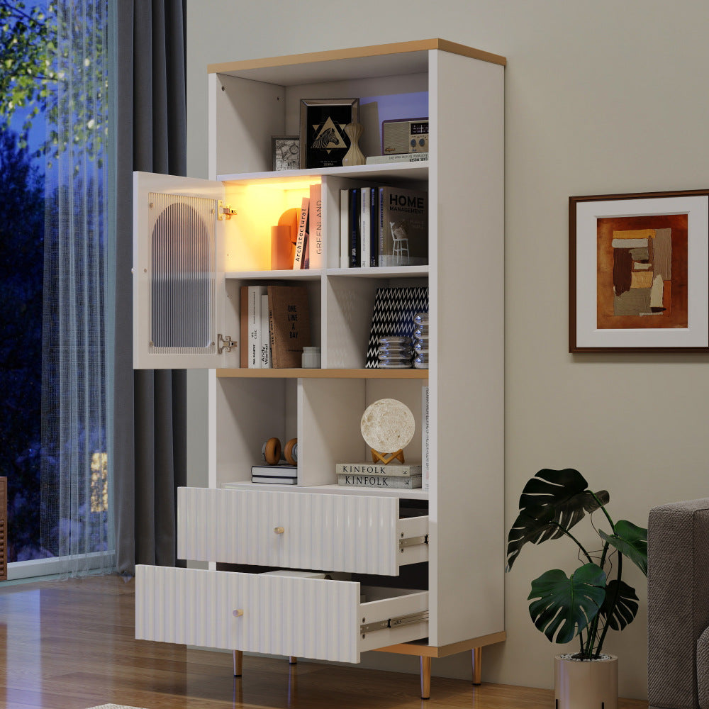 Multifunctionele Kast – Opbergkast – Vitrinekast – Boekenkast – Bergkast – Wit Design – Transparante Glazen Deuren – 2 Geruisloze Lades – 78x36x180 cm