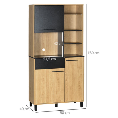 Keukenkast – Buffetkast – Opbergkast – Magnetronkast – Keukenbuffet – Modern Design – Verstelbare Planken – Anti-Kantel Systeem – 180 cm Hoog – Zwart/Naturel Hout