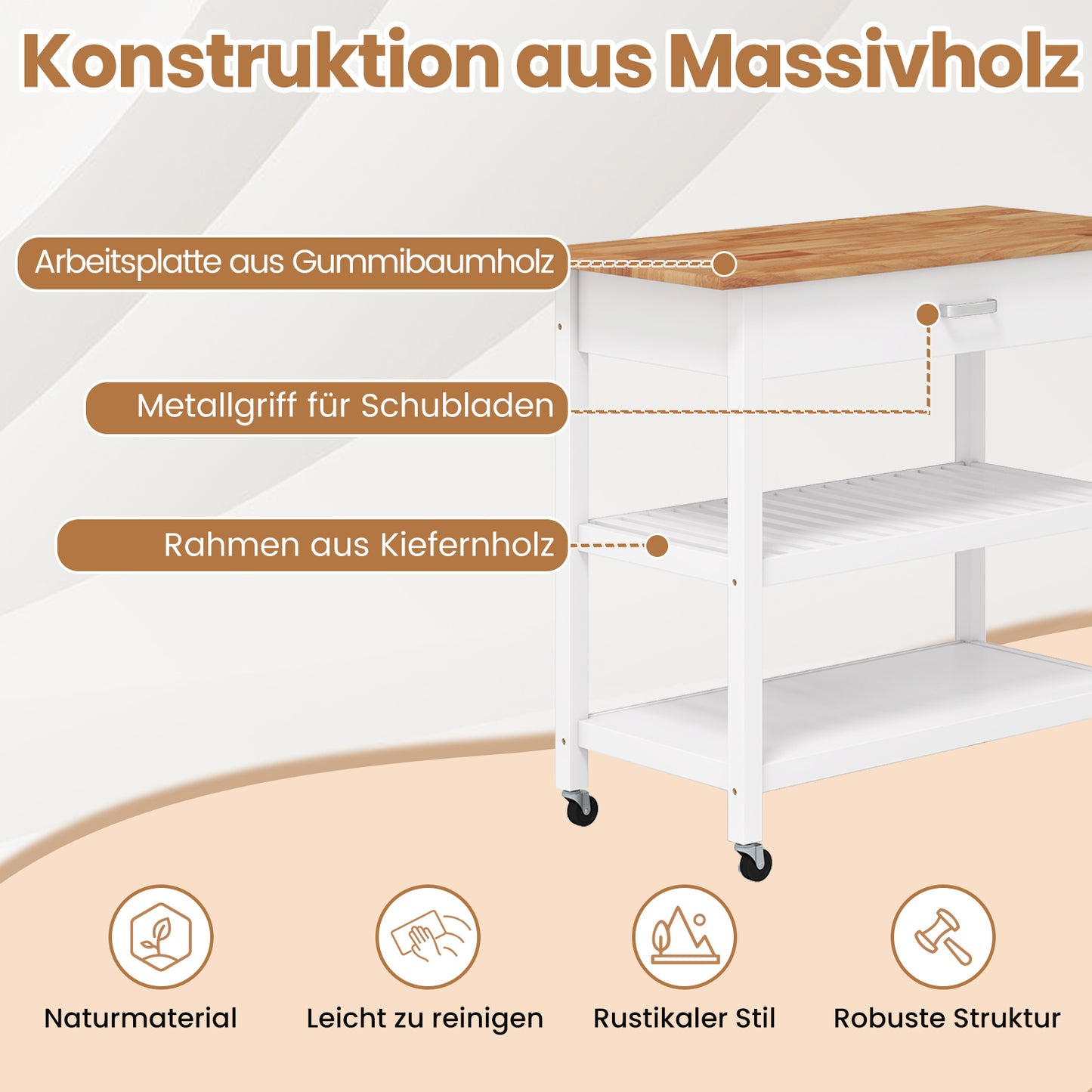 Keukentrolley – Serveerwagen – Keukenwagen – Opbergtrolley – Trolley Op Wieltjes – Massief Houten Werkblad – Lade Met Handgreep