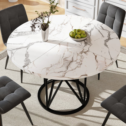 Ronde Eettafel – Tafel – Keukentafel – Ronde Tafel – Eetkamertafel – Marmerlook MDF Tafelblad – Geometrisch Metalen Onderstel – Ø100 cm – Geschikt Voor 4-6 Personen – Verstelbare Voetjes – Zwarte Poten