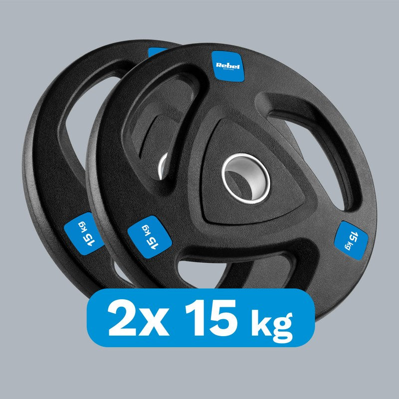 halterplaat – halterschijf – gewichtenschijf – fitnessgewicht – olympische halterschijf – 2x15 kg gietijzer – rubberen coating